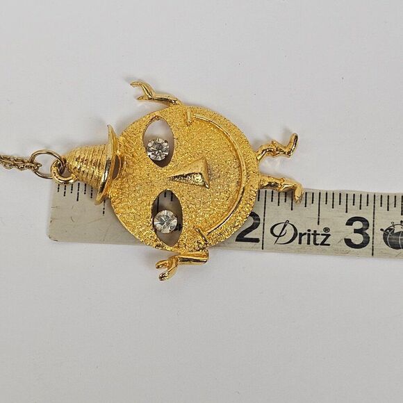 Vintage Smiley Face Rhinestone Pendant Necklace Dangle Eyes Cowboy Hat Gold Tone - Picture 10 of 13